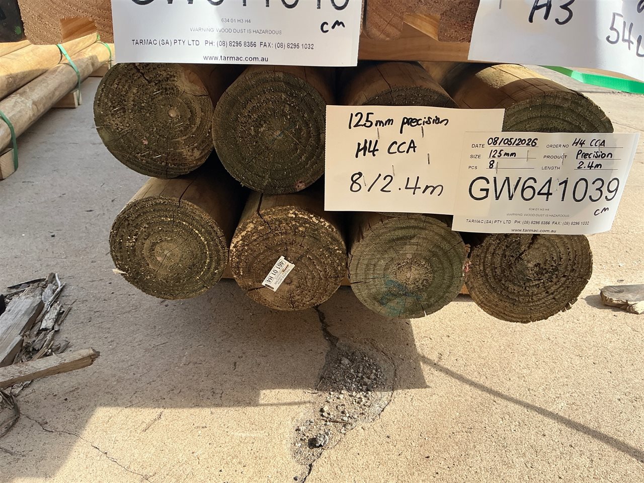 125 dia, H4 Treated Pine, Precision Post, 8 pcs @ 2.4 M, 8 pcs Total Pk GW641039