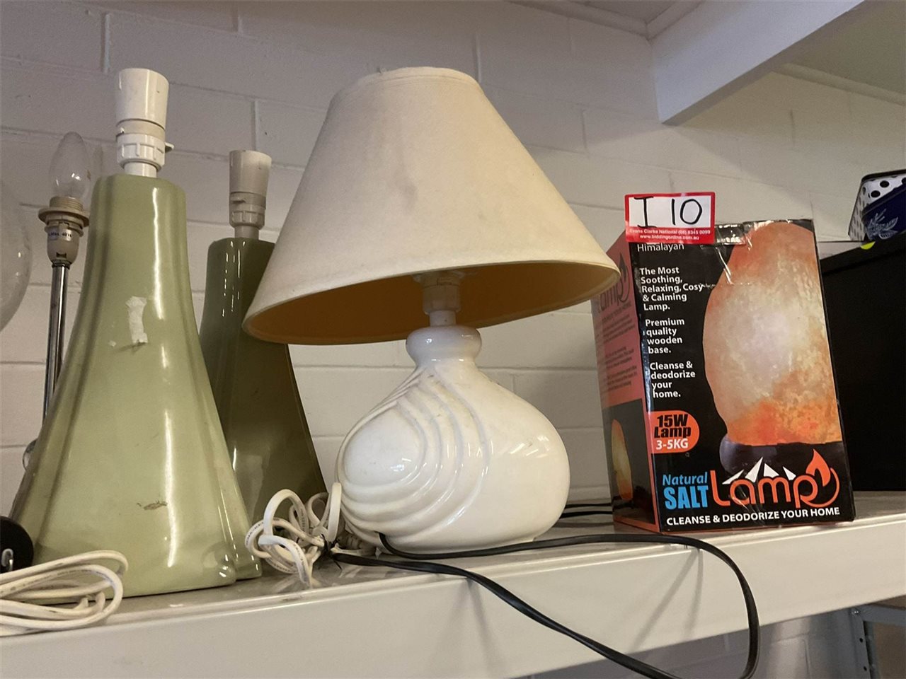 Himalayan Salt Lamp, White China Based Lamp With Shade, Pair Of Avocado Green China Lamp Bases, Pair Of Wooden And Metal Etched Shade Lamps And A Arlec Radiant Strip Heater, Untested, "Sold As Is"