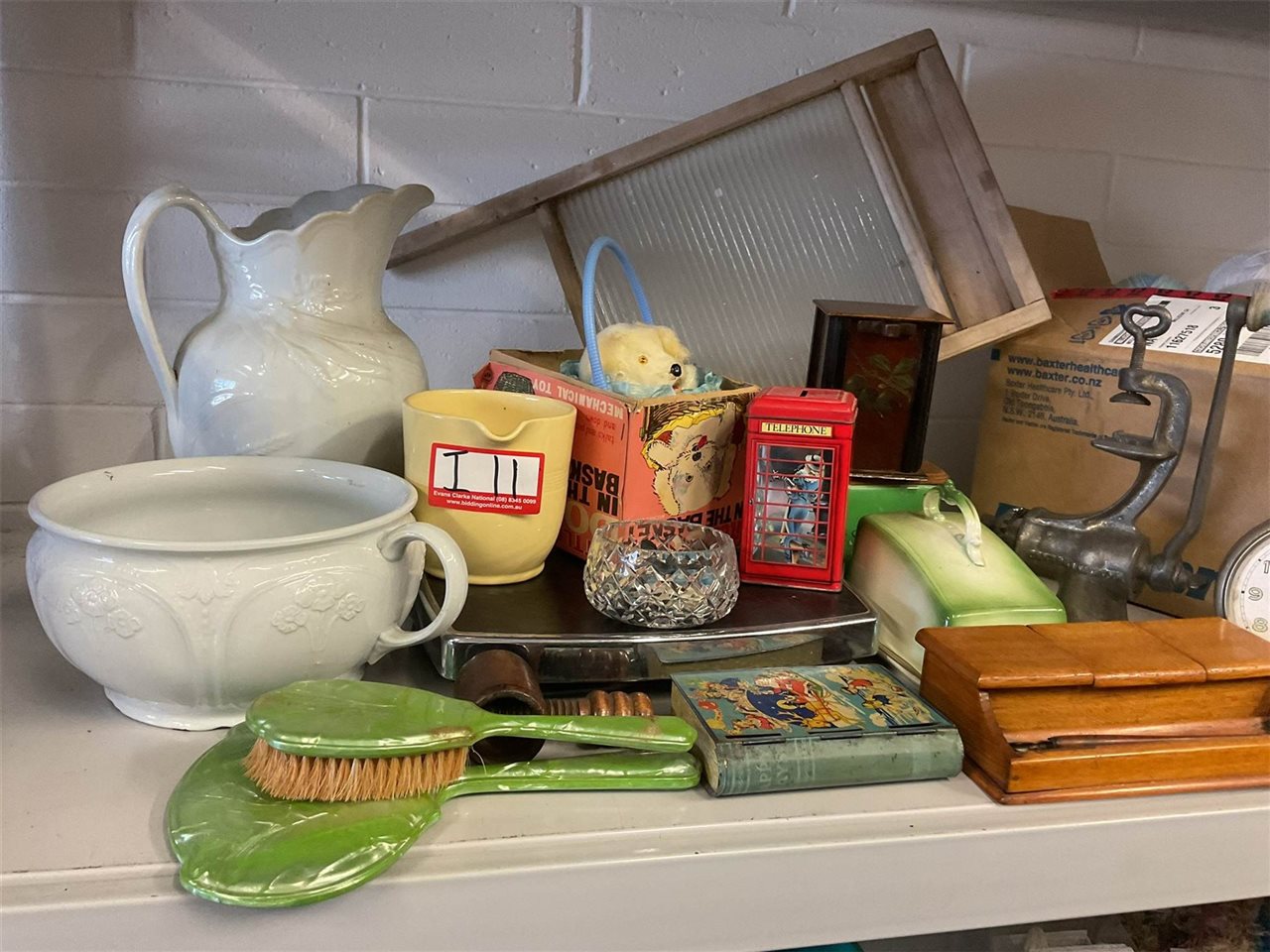 Eclectic Collection, Scrubbing Board, Mincer, Goes Under, Money Boxes, Timber Desk Set, Jugs Etc