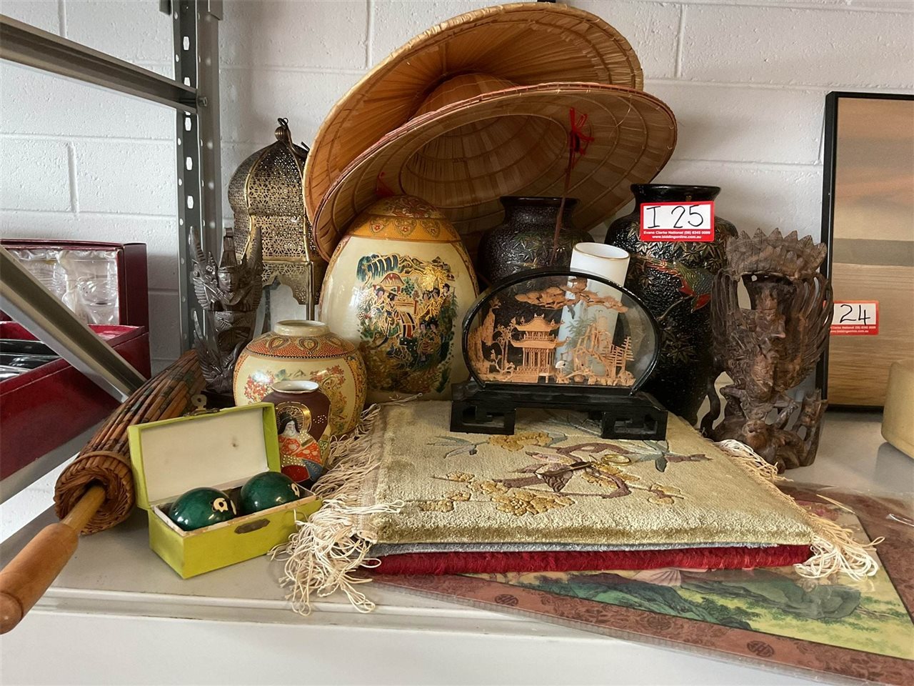 Assorted Asian Items Vases, Hats, Picture Parasol