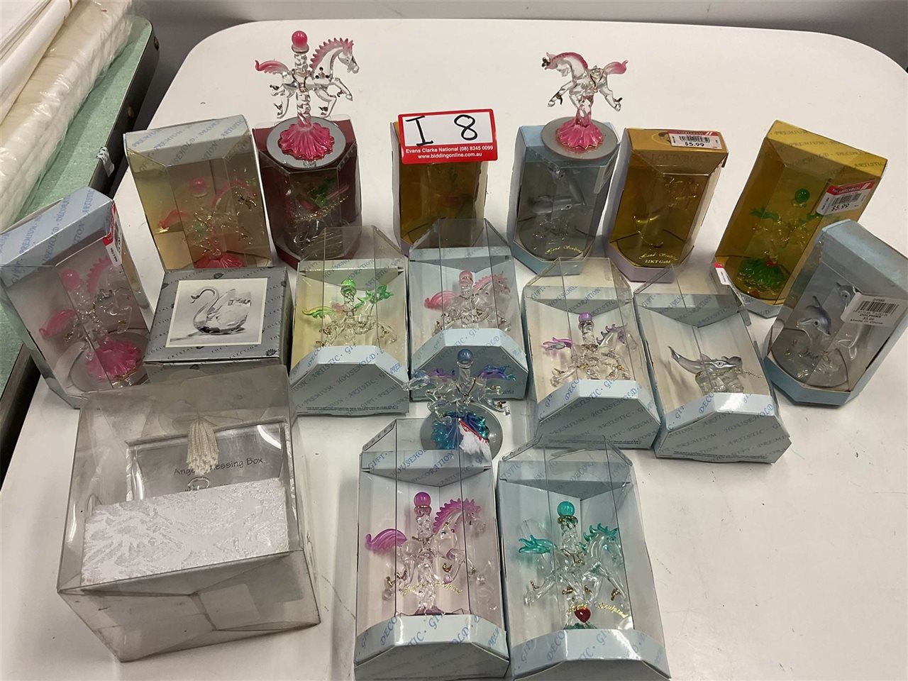 Glass Boxed Ornaments, Dolphins, Swan, Horses And Angels Etc