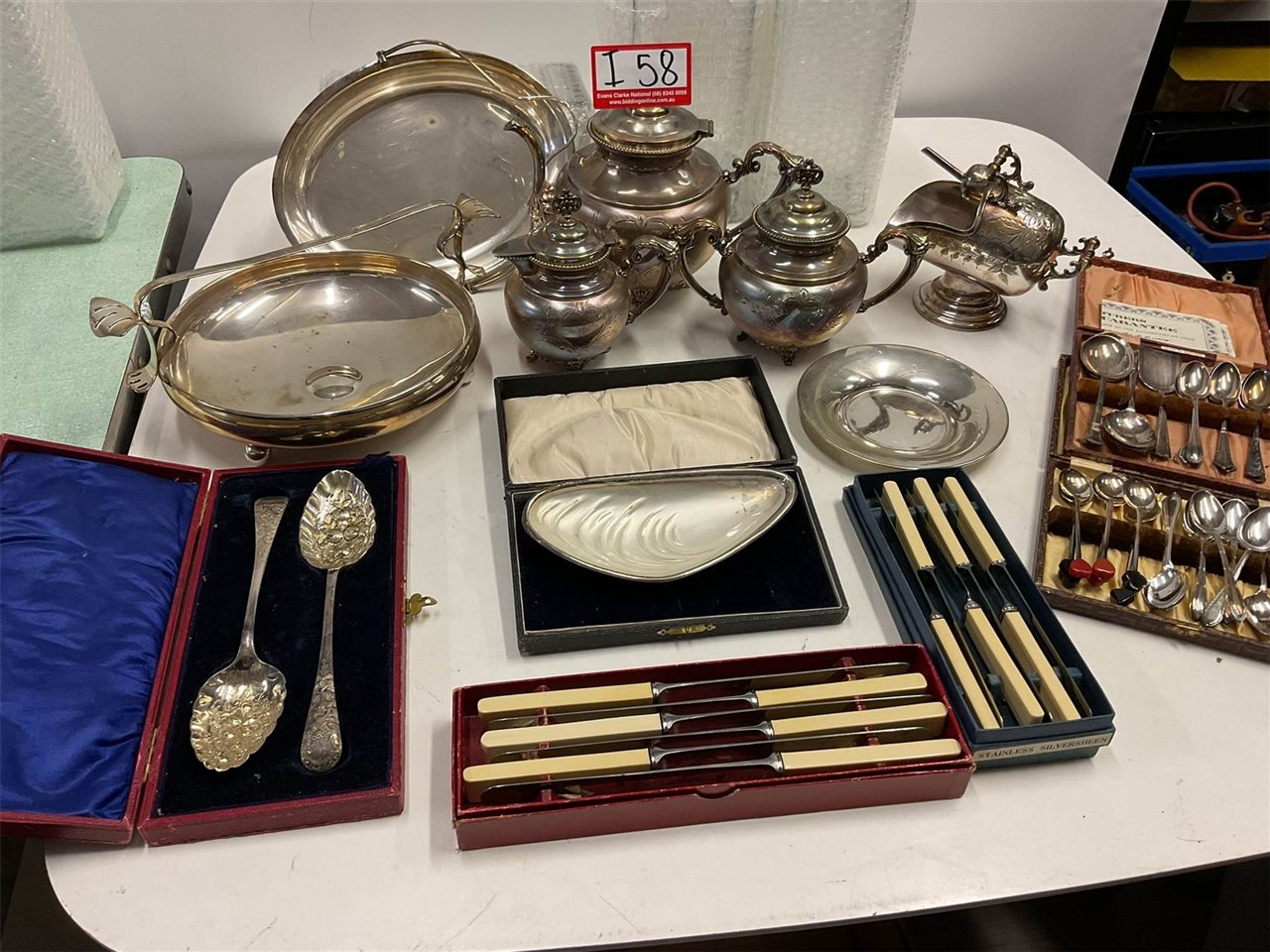 Epns Vintage Items, Spoons, Tea Set, Salad Servers, Platters Sugar Scuttle, Bone Handle Knives