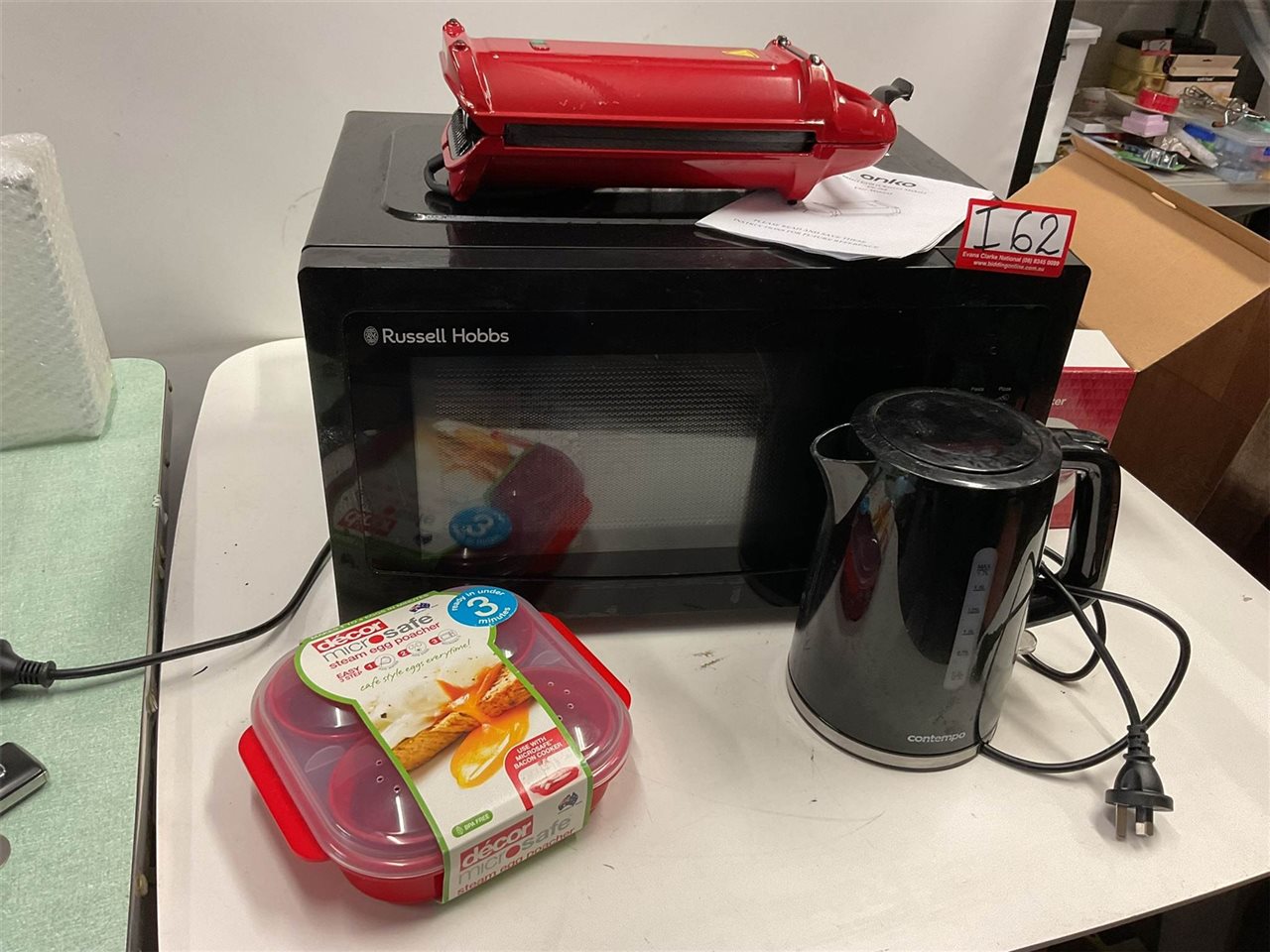 Russell Hobbs Microwave 900 Watts, 51 Cm Wide X 30 Cm High X 36 Cm Deep, Decor Egg Poacher, Contempo Kettle And Churros Maker Plus Instructions, Untested, "Sold As Is"