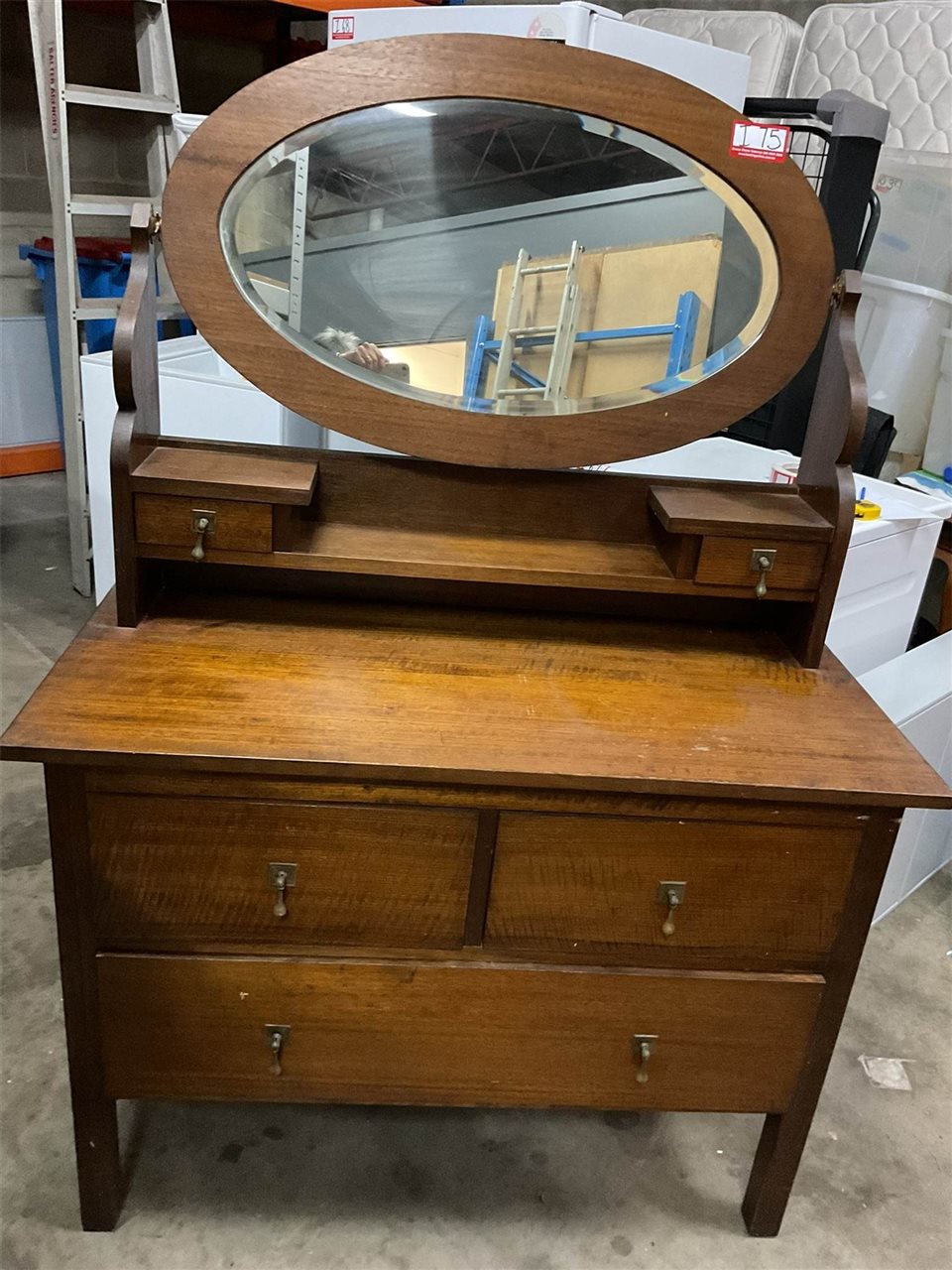 Vintage Dressing Table, Timber With 2. Small And 1 Large Drawer, Oval Mirror, 150 Cm High X 107 Cm Wide X 51 Cm Deep