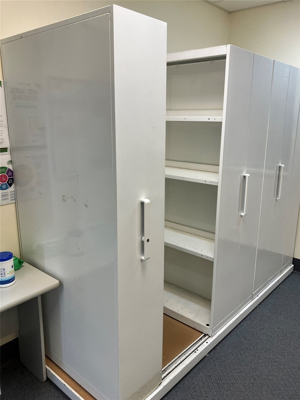 Compactus -6 bay -Overall size (- Base - 2550 x 950 mm wide -) -Cabinets - 1920 mm High X920 mm Wide x 330 mm deep - ( Buyer to arrnage uplift and Removal From Kadina Campus )