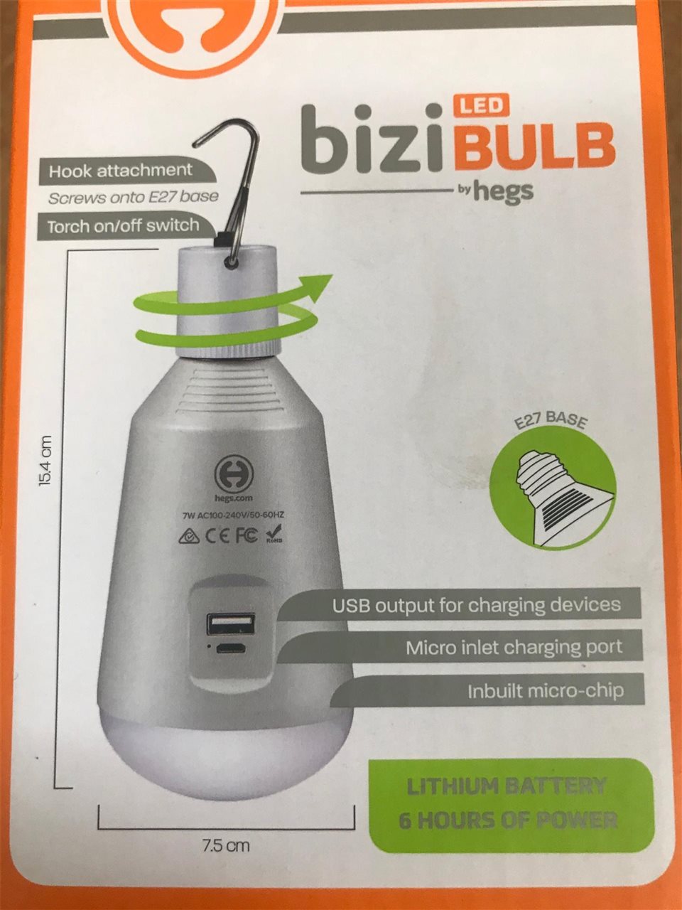 Quantity of 50 Bizi LED Bulbs Smart Blackout Bulb - Can Be Used As A Torch ES27-154mm Cool White Inbuilt Backup Battery 2600 mAh 560 Lumen Light Mobile/Tablet Charger Via USB Output Port Micro Inlet Charging Port Comes with USB Cord Hook Attachment with Torch Switch New In Box