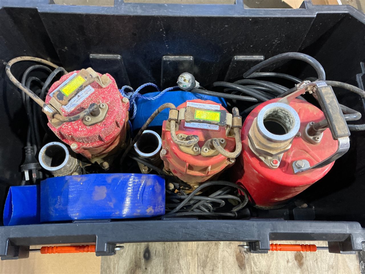 Box of Used Submersible Water Pumps - Quantity of 2 @ 50 mm , 1 @ 50 mm Pump with Float Switch with Quantity of Life Flat Hose - From Operating Environment - Sold as is