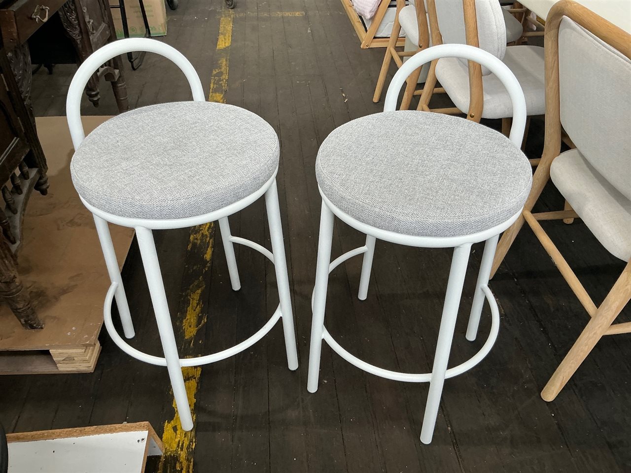 Two Stools with Grey & White Fabric Cushion