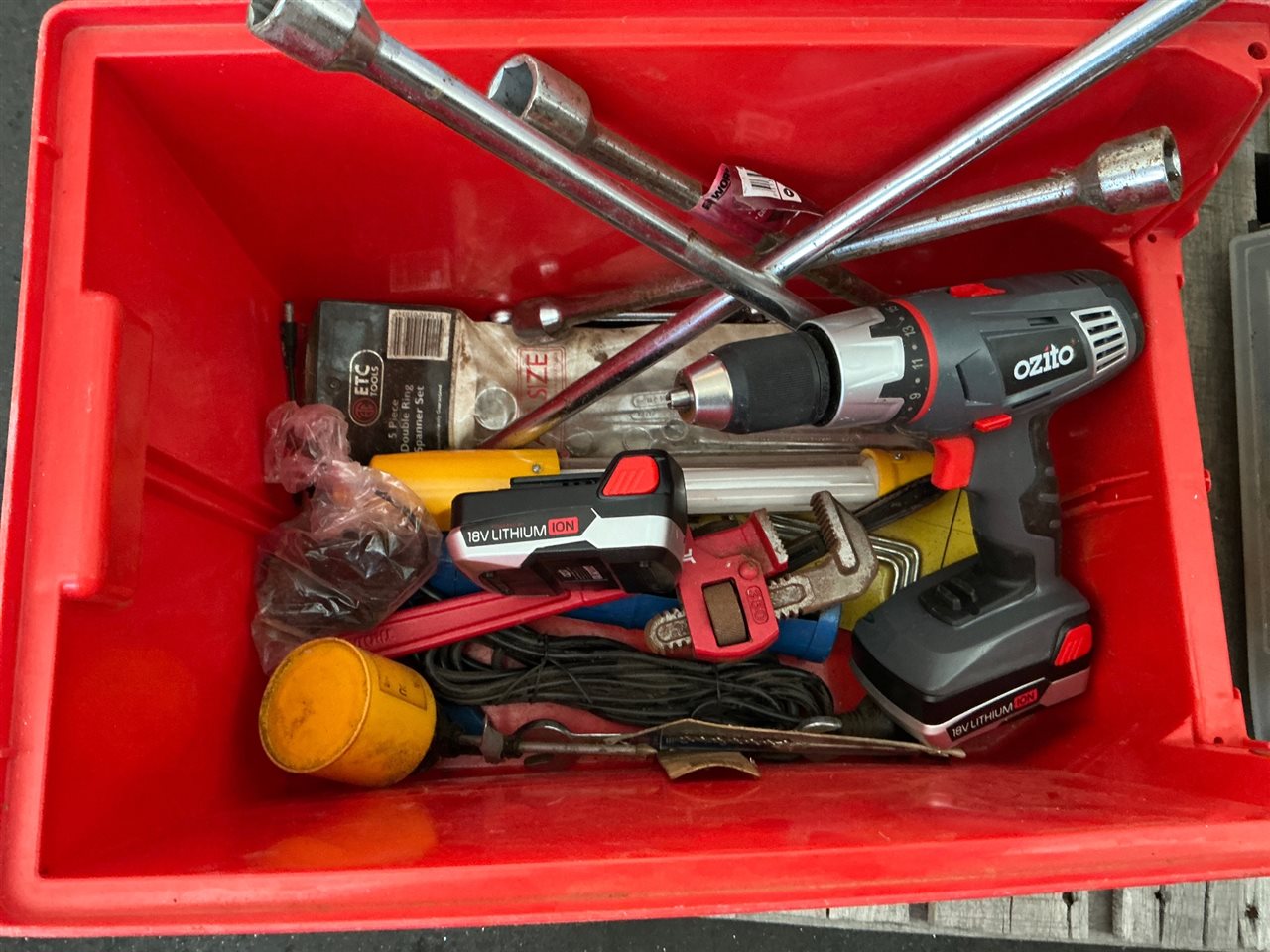 Box of Tools Includes 18 V Ozito Cordless Drill- 2 Batteries