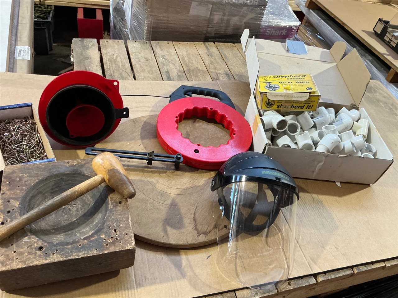Circle Cutter , Face Shield, Wooden Mallet &. PVC Pipe Fittings