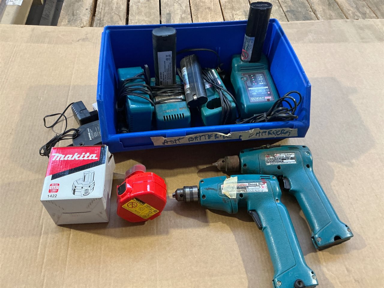 Makita 12 V Cordless Drills and Chargers Plus 14.4 V Battery - Sold As Is
