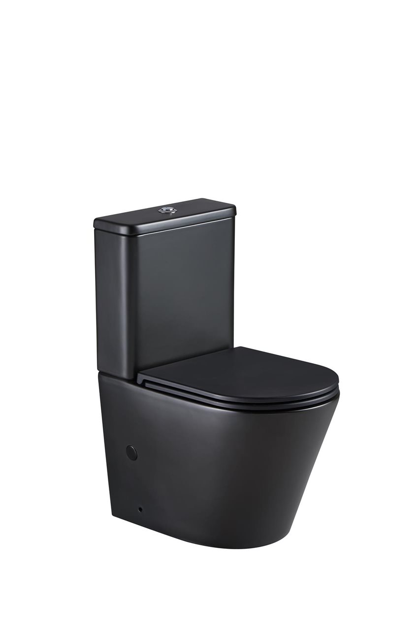 Prodomo Toilet Suite, Matte Black Finish, Modern Rimless Flush Design, Geberit Mechanism