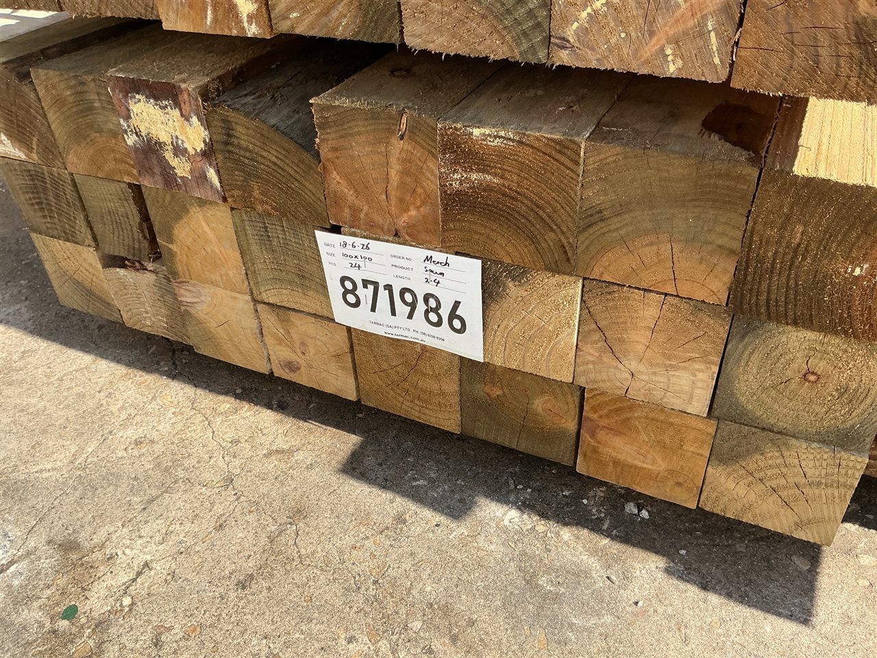 100 x 100, CCA Treated Pine, Sawn, 24 pcs @ 2.4 M, 57.6 Lin Metres Total Pk 871986