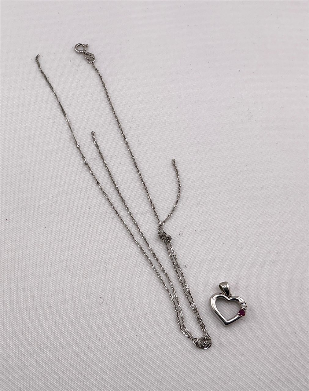 10ct White Gold Ruby & Diamond Heart Pendant with Broken Chain