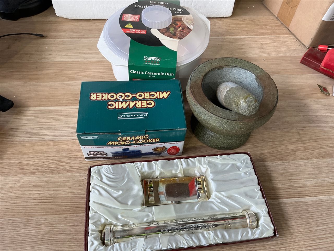 Mortar and Pestle, Micro Cooker Casserole and Marriage Certificate Holder