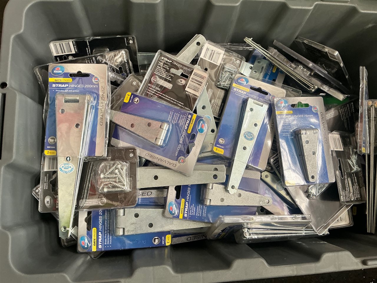 Crate of T Hinges and Strap Hinges Asstd Sizes Zinc & Galv. Approx  Quantity of 81