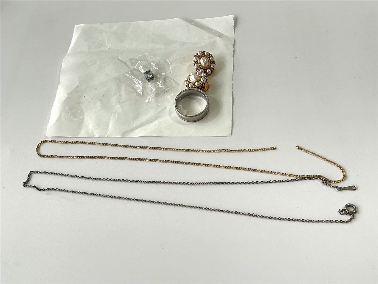 Costume Jewellery - Ring, Coloured Stone, Pair Of Clip On Earrings, Neck Chains (1 x Broken)