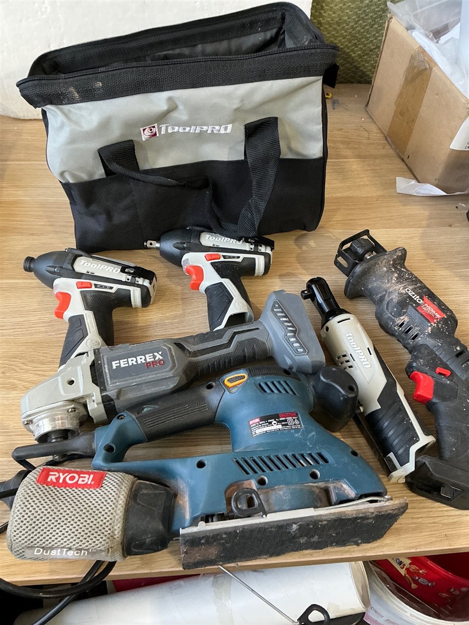Cordless Power Tools- Quantity 5 , Toolpro , Ozito , FERREX and Elec. Sander -