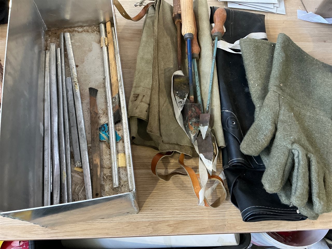 Soldering Irons , and Solder Sticks Plus Leather Apron , Gloves