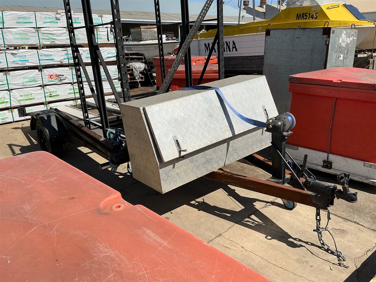 Car Trailer- Single Axle - 50 mm Tow Hitch , Electric Winch -, Hand Winch , Jockey Wheel -Steel Racking Fixed to Trailer , Tray Size 3600 mm long x 1750 mm wide Between Wheel Arches --Flat Tyre - Missing Male Light Plug  -Sold As Is "-Note - Sold Unregistered - No Plates - No VIN Number " - Found and Recovered Trailer - Sold For Parts or Off Road Use - Note - May Not Be Suitable to Re Register - ( Buyer to Arrnage Uplift and Removal From Woodville )