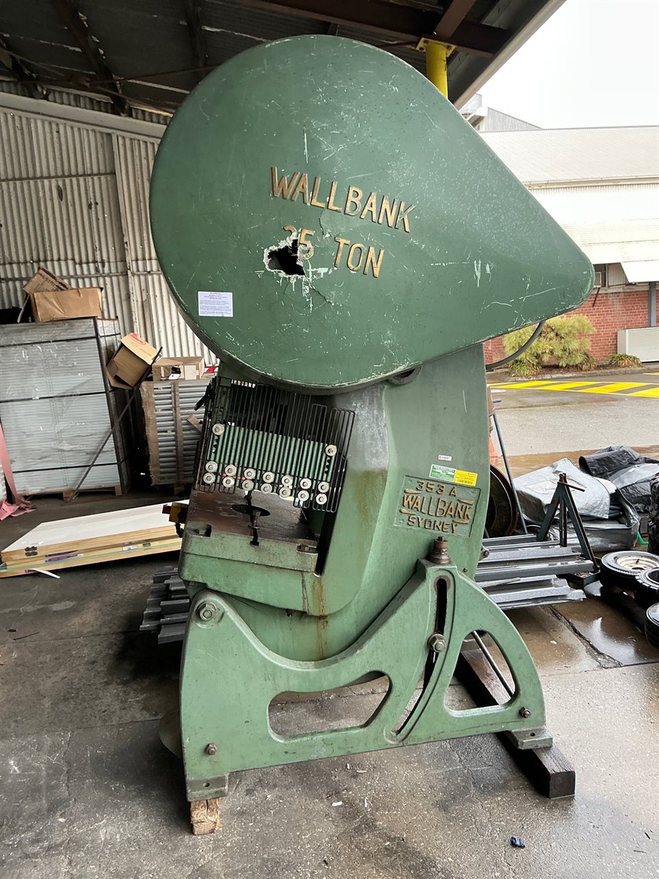 Wall Bank Incline Power Press - 25 Ton - Model 353A- with Safety Guard - Work Table 600x 400 mm - -3 Phase 415 volt approx size 1500 mm long x 900 mm wide x 2150 mm h -Serial Number 326 --No Tooling Included -Approx Weight 3 Tonne- (Note - Buyer to Arrange Crane or Large Forklift to Remove )