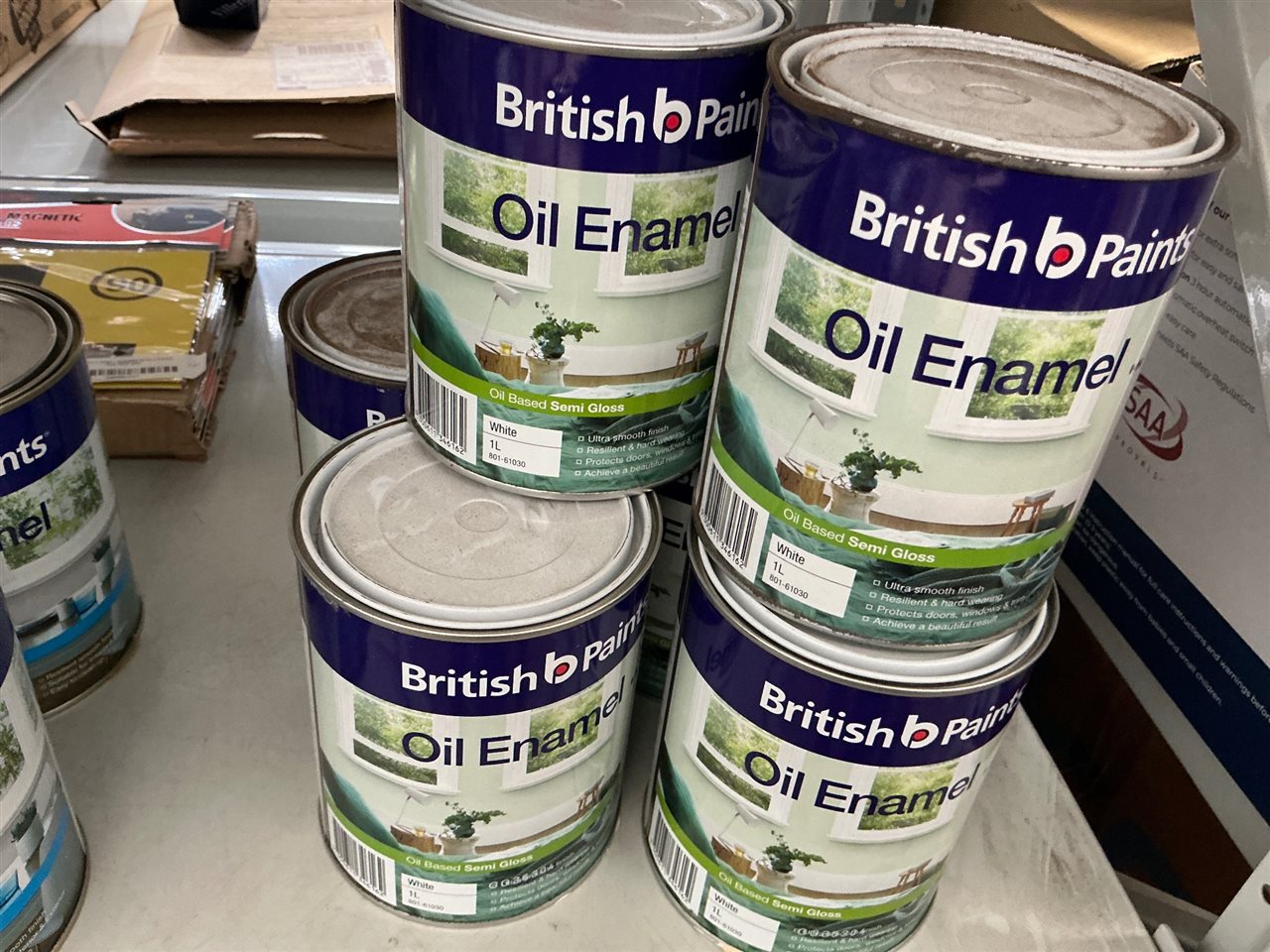 British Paints -Oil Enamel - Semi Gloss Quantity of 6 Cans @ 1 Litre - White -