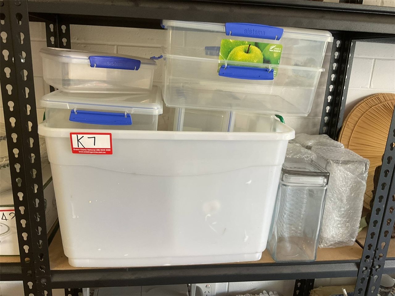Container Full Of 9 Plastic Containers Plus 5 Glass Rectangular Canisters