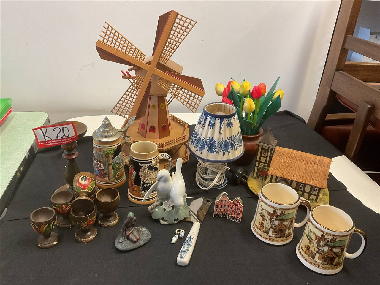 Items From Around The World, Steins, Musical Windmill, Royal Copenhagen Doves, Dutch Lamp, West Germany Woodward