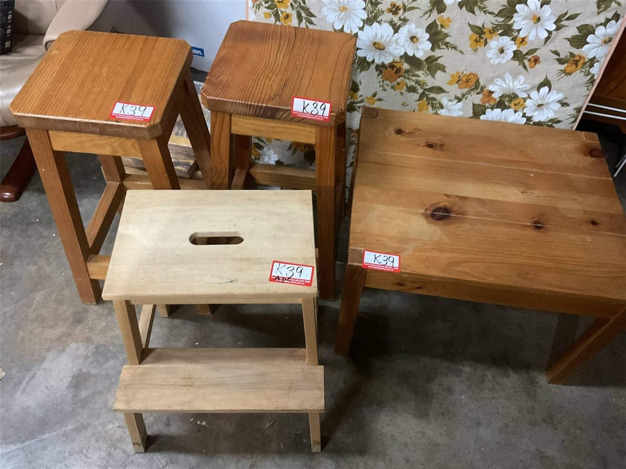 2 Timber Bar Stools, Coffee Table And Step Stool, Table 60 Cm X 50 Cm X 42 Cm High, Stools 63 Cm High