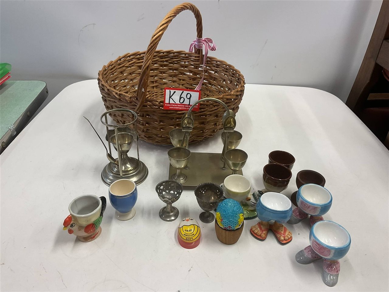 Basket Of Egg Cups, China, EPNS, Timber And Stoneware
