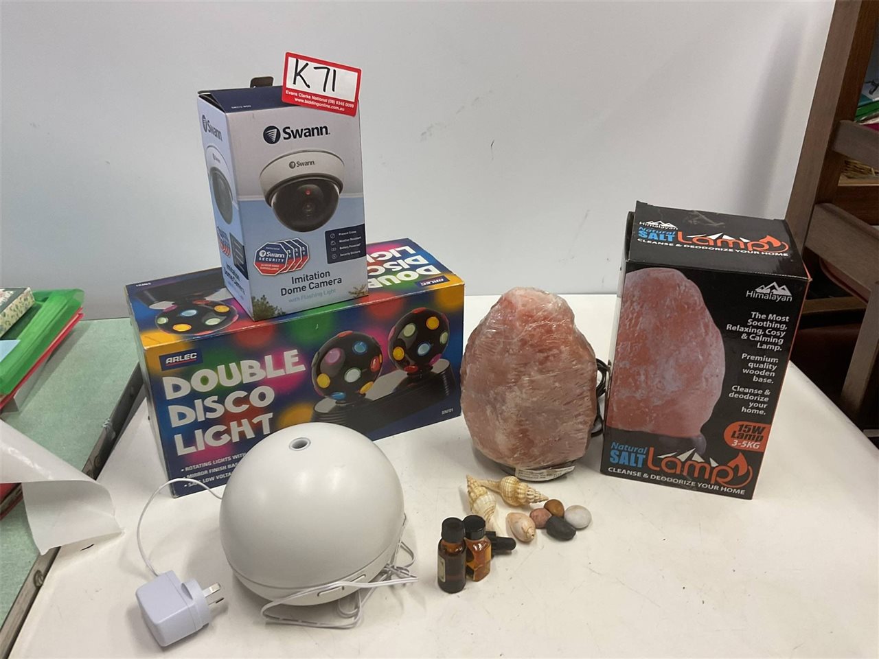 Salt Lamp, Double Disco Lights, Imitation Dome Camera And Auburnd Diffuser Plus Shells And Pebbles From Cornwall
