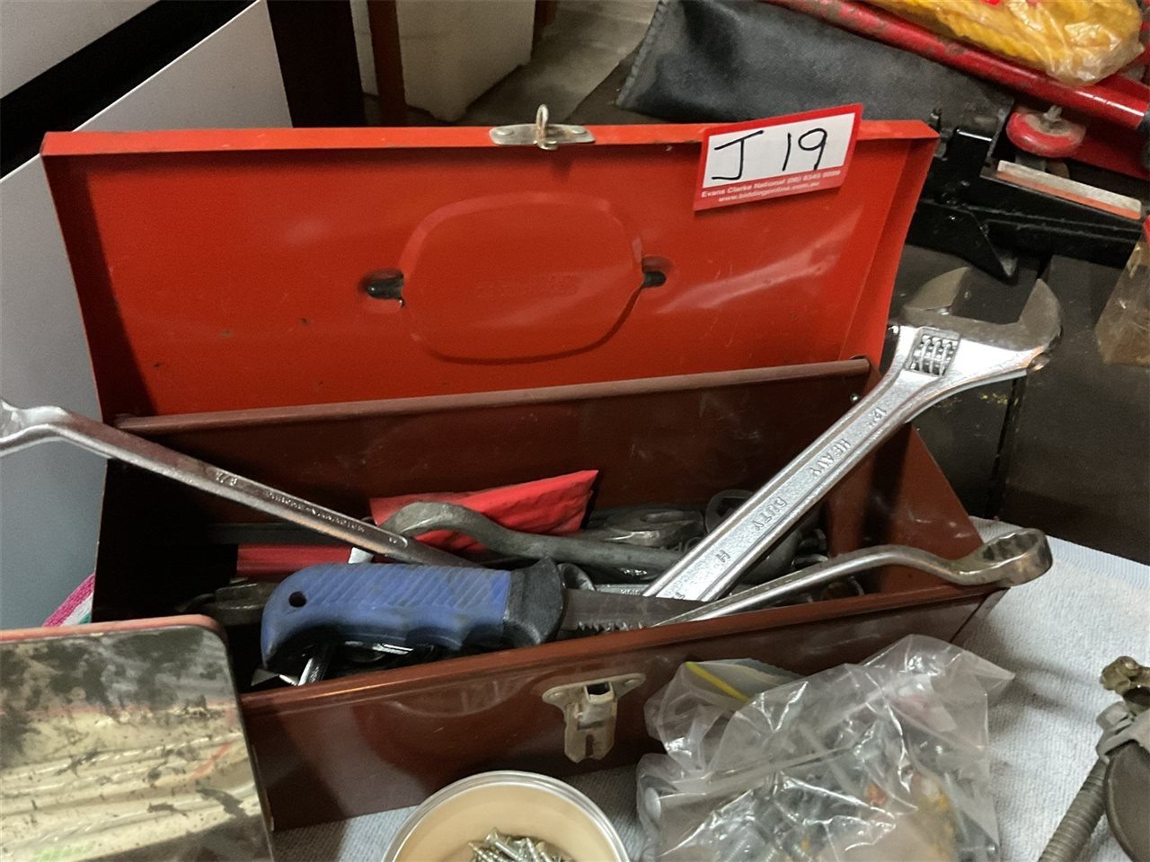 Handyman's Treasure Trove, Tool Box And Tools, Drill Bits, Screws, Vices Etc