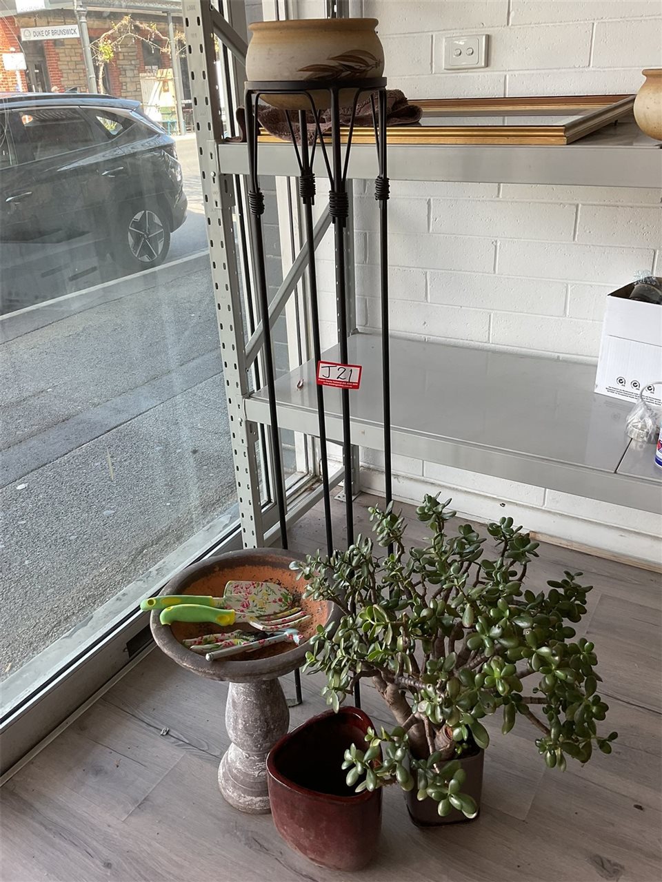 Concrete Bird Bath, Tools, Jade Plant And Stand