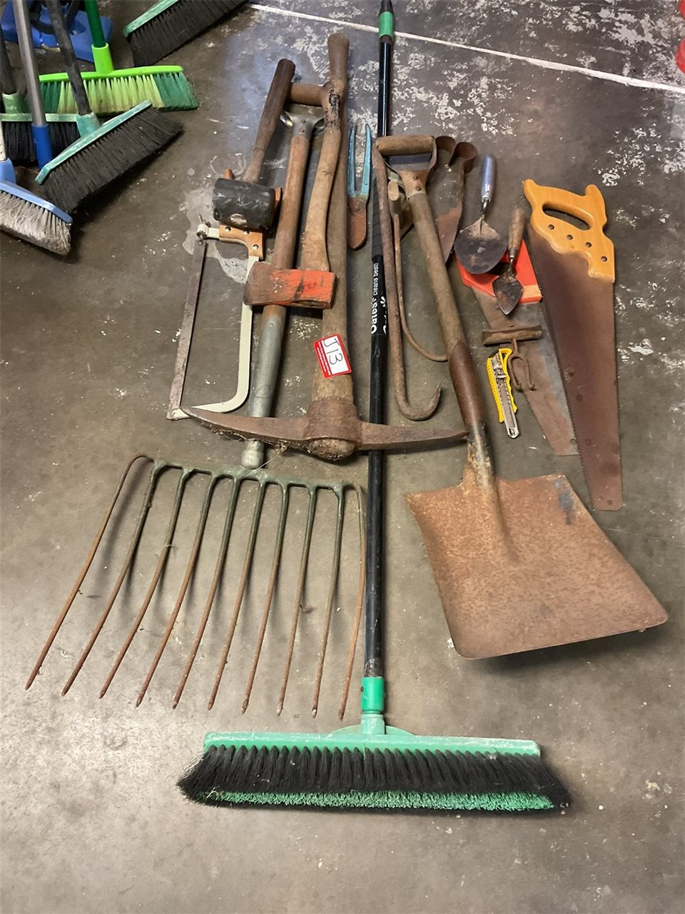 Assorted Tools, Large Shovel, Pick Mallet, Hacksaw, Pitchfork Etc