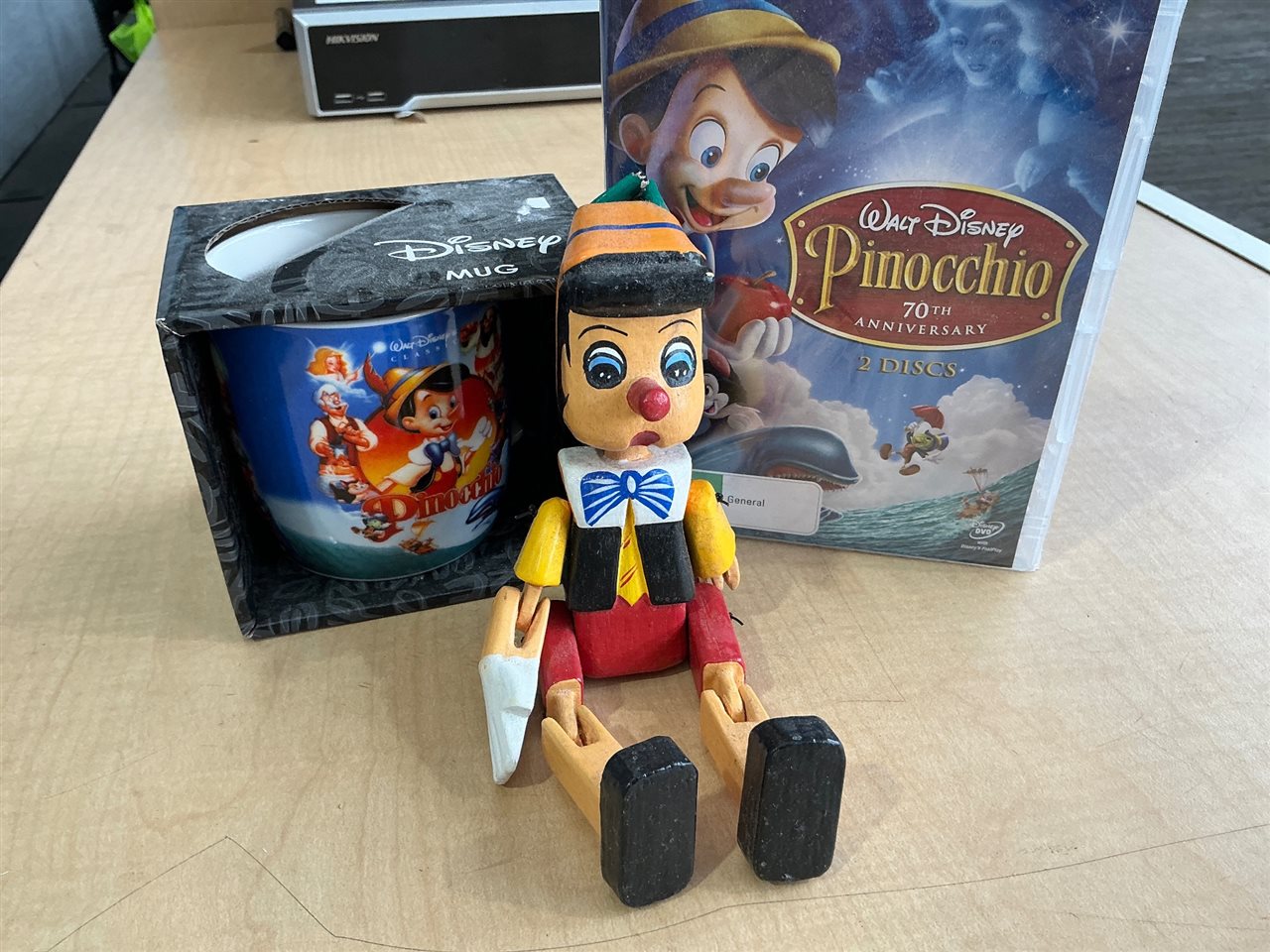 Disney Pinocchio Lot: Boxed Mug, Wooden Jointed Figure and 70th Anniversary DVD