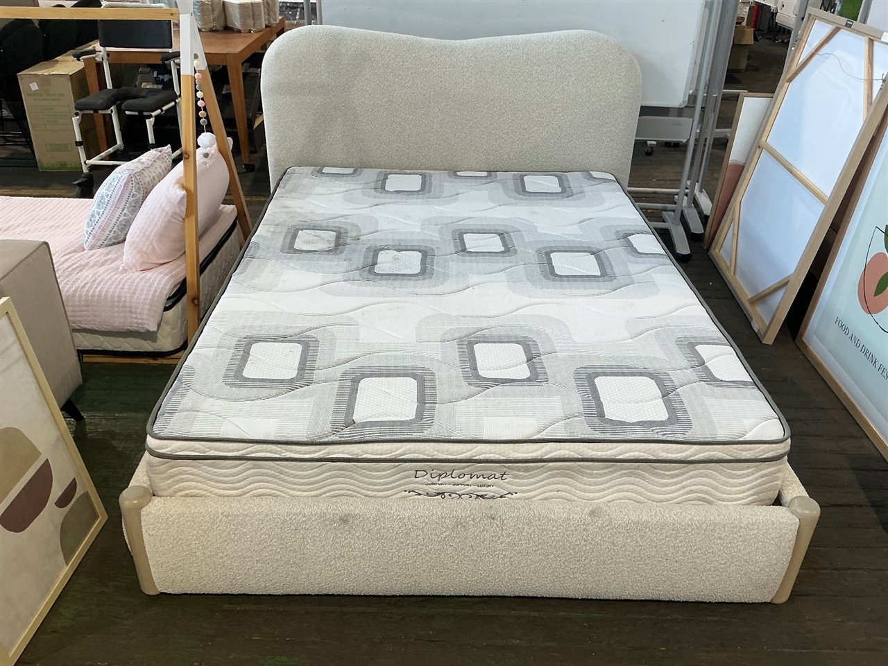 Bed Frame, Padded, Cream Fabric, Slatted Bed Frame with New Mattress