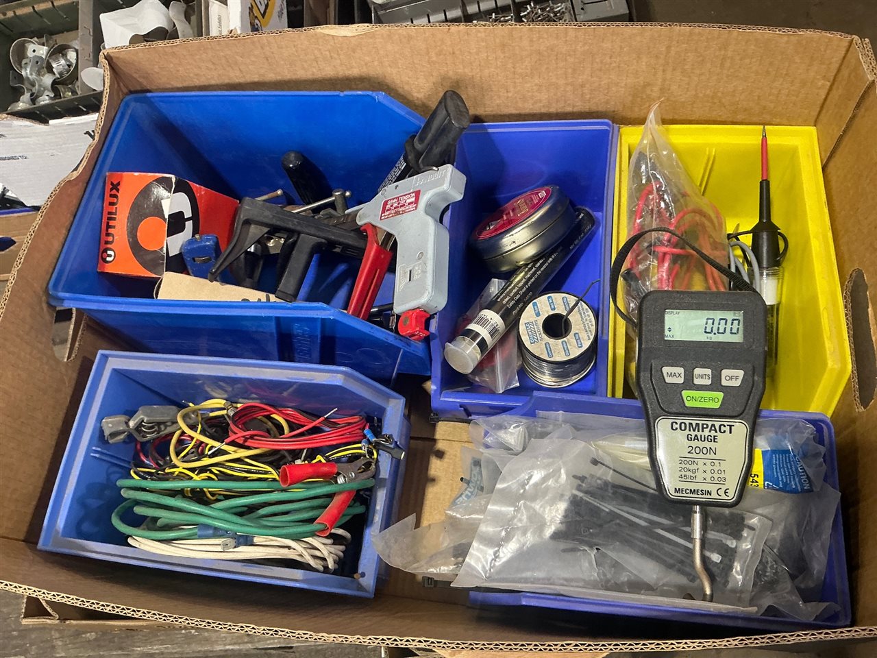 Box of Workshop Soldering Irons, Wire Tension, Tools Compact Gauge Scale