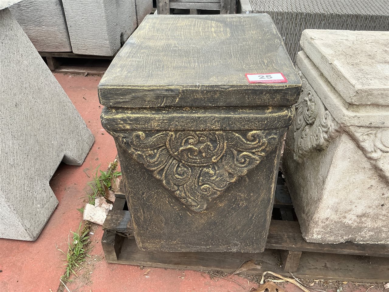 Square Pedestal with Carved Scroll Corners, Charcoal and Gold Finish