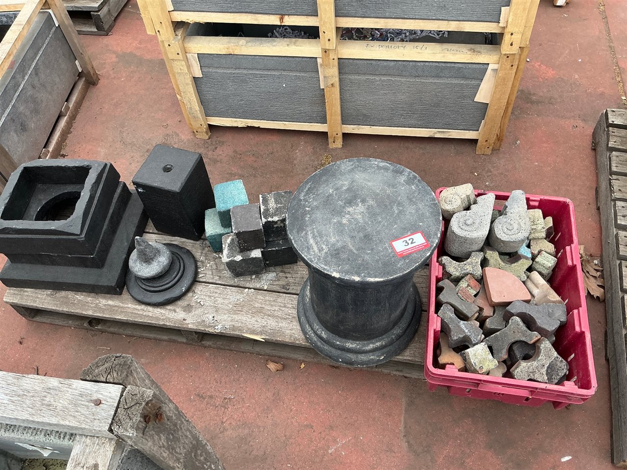 Pallet of Assorted Black and Grey Pedestals, Bases and Ornaments