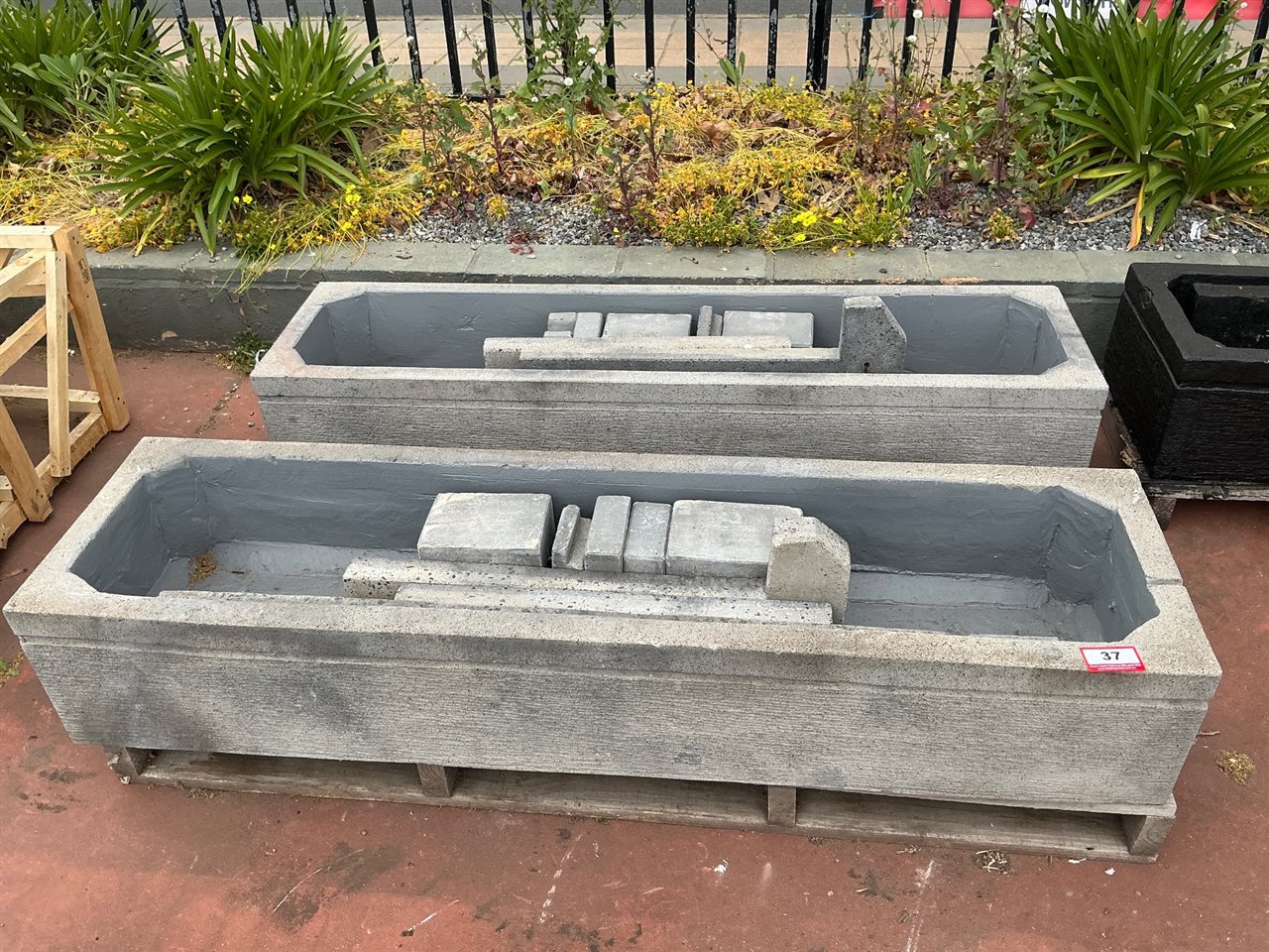 2 Long Rectangular Grooved Grey Troughs with Loose Components