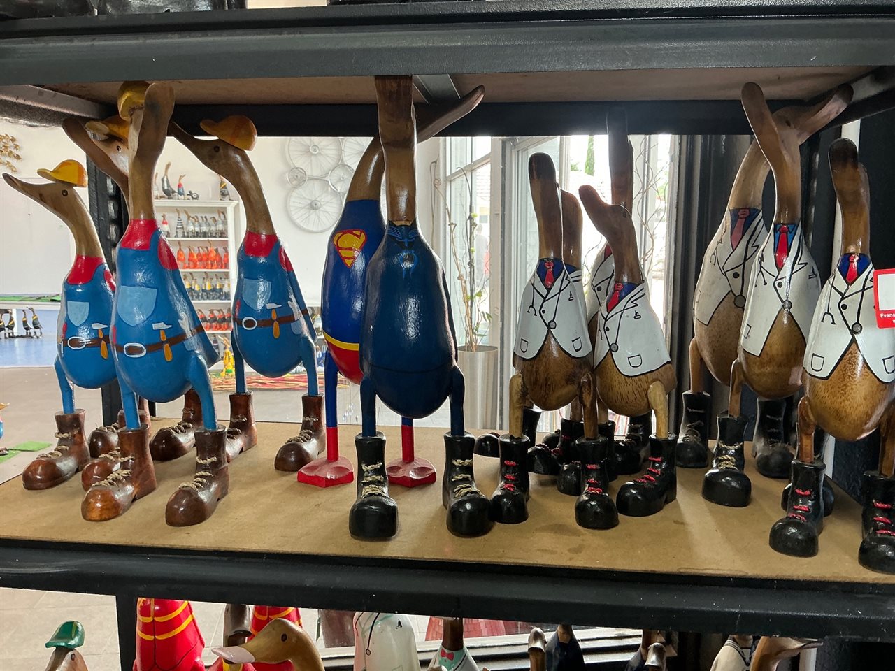 Lot of Approx 12 Carved Timber Ducks incl Tradie and Superhero-Style