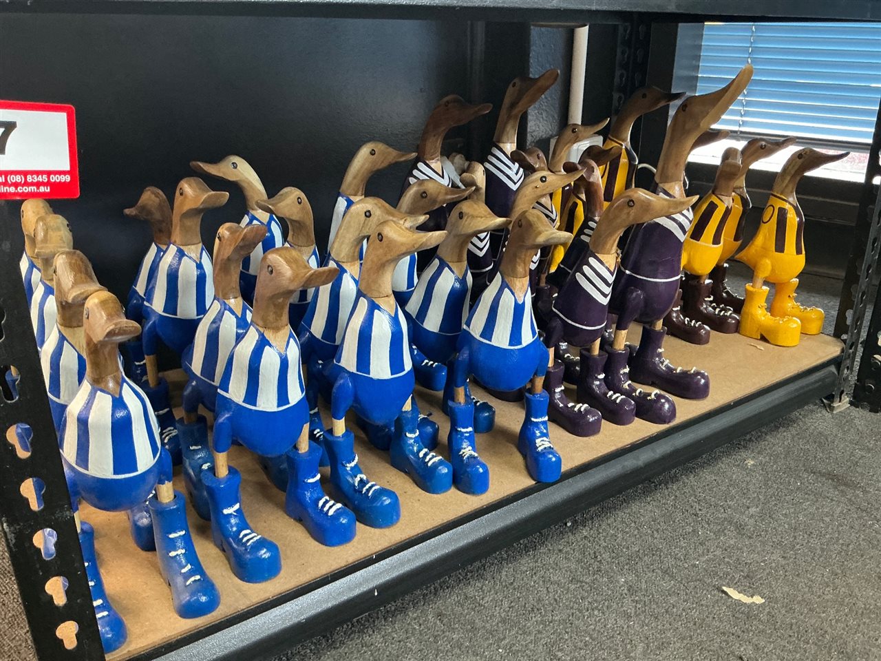Lot of Approx 22 Carved Timber Ducks, Football Guernsey Colours