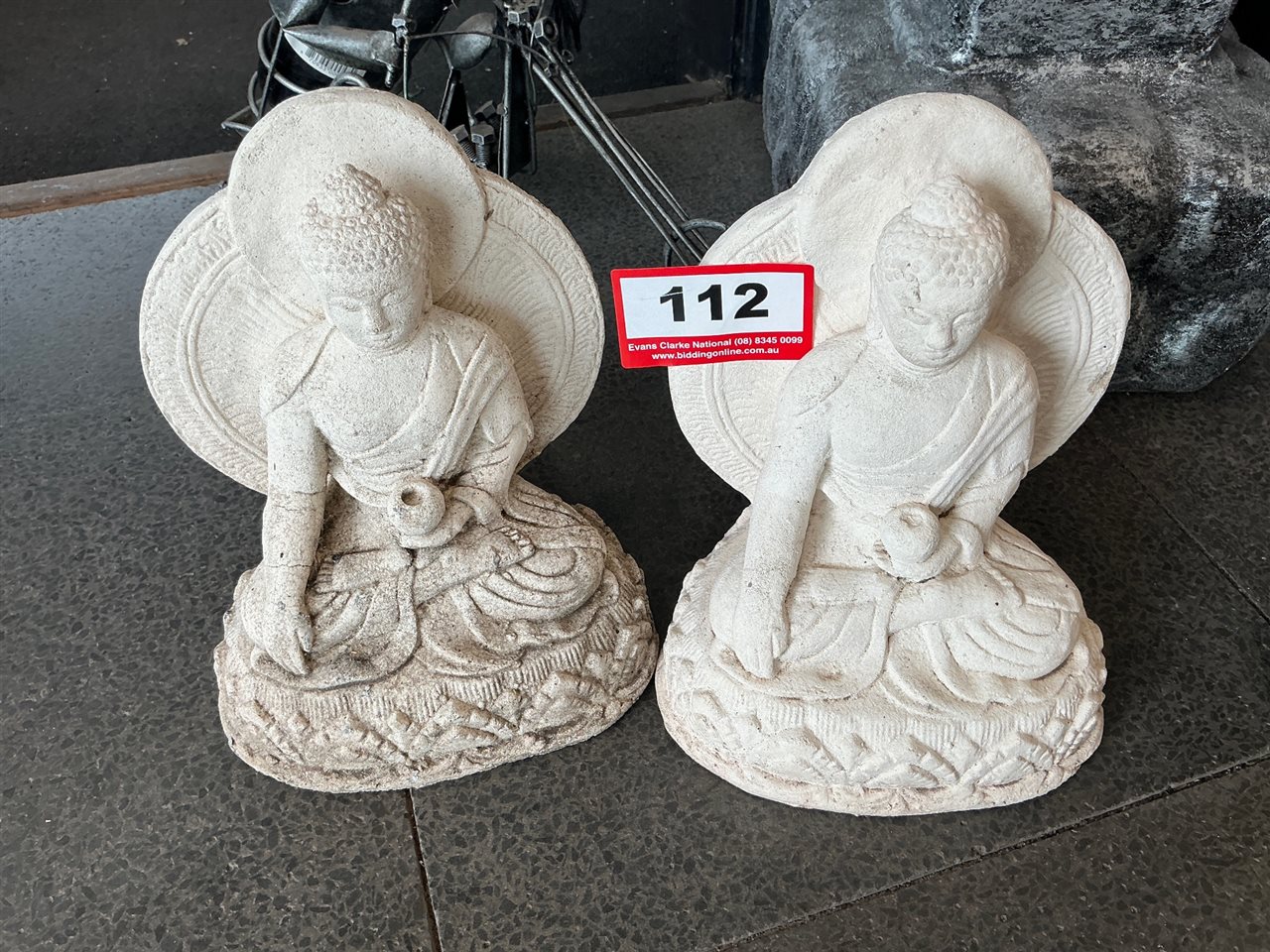 Pair of Seated Buddha Statues with Halo Backs, Cream Finish