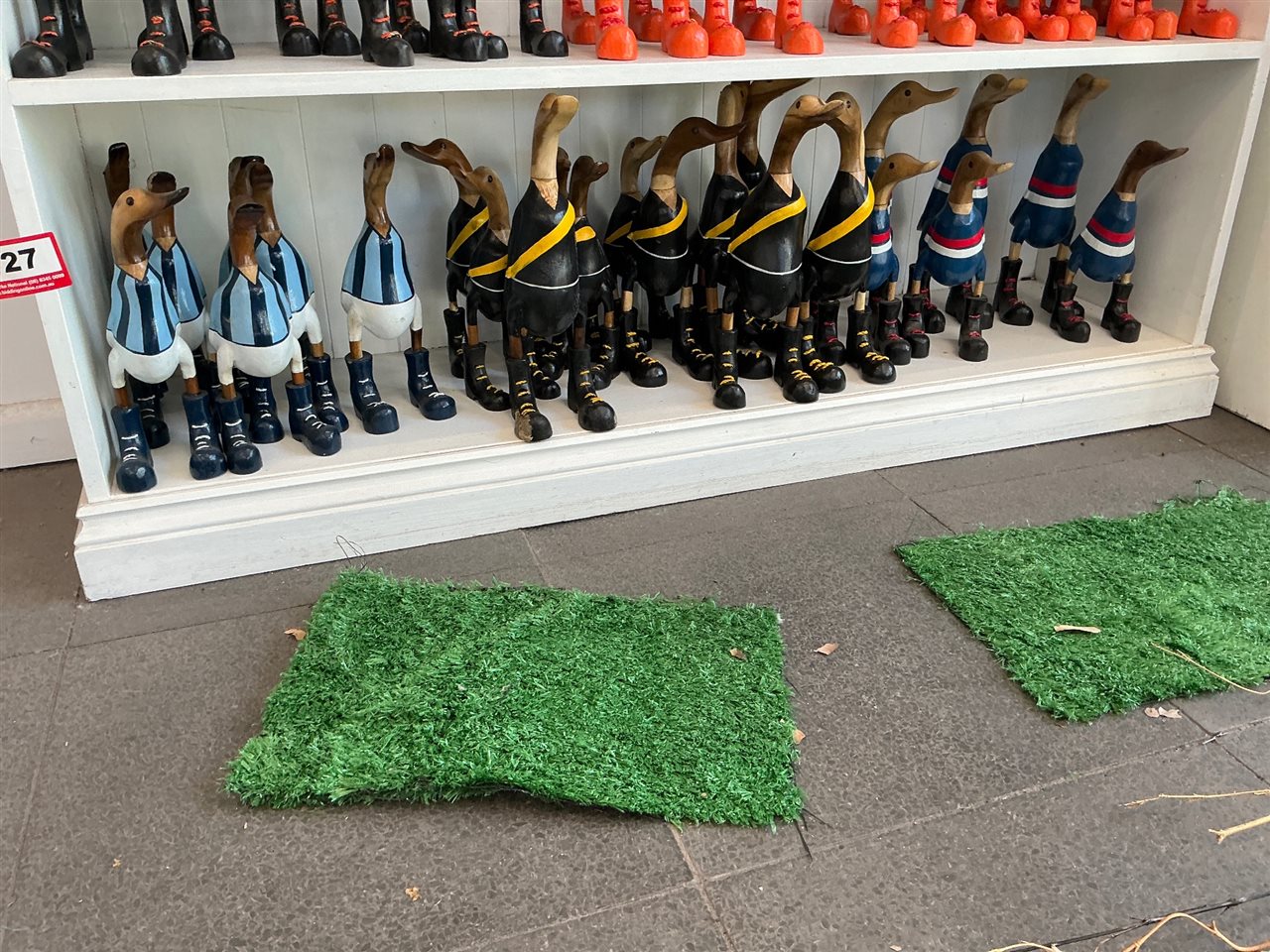 Lot of Approx 20 Carved Timber Ducks, Football Guernsey Colours