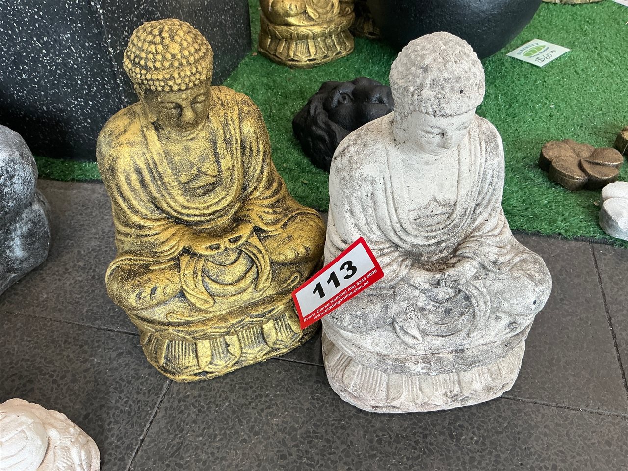 2 Seated Buddha Statues, Gold and Cream Finish
