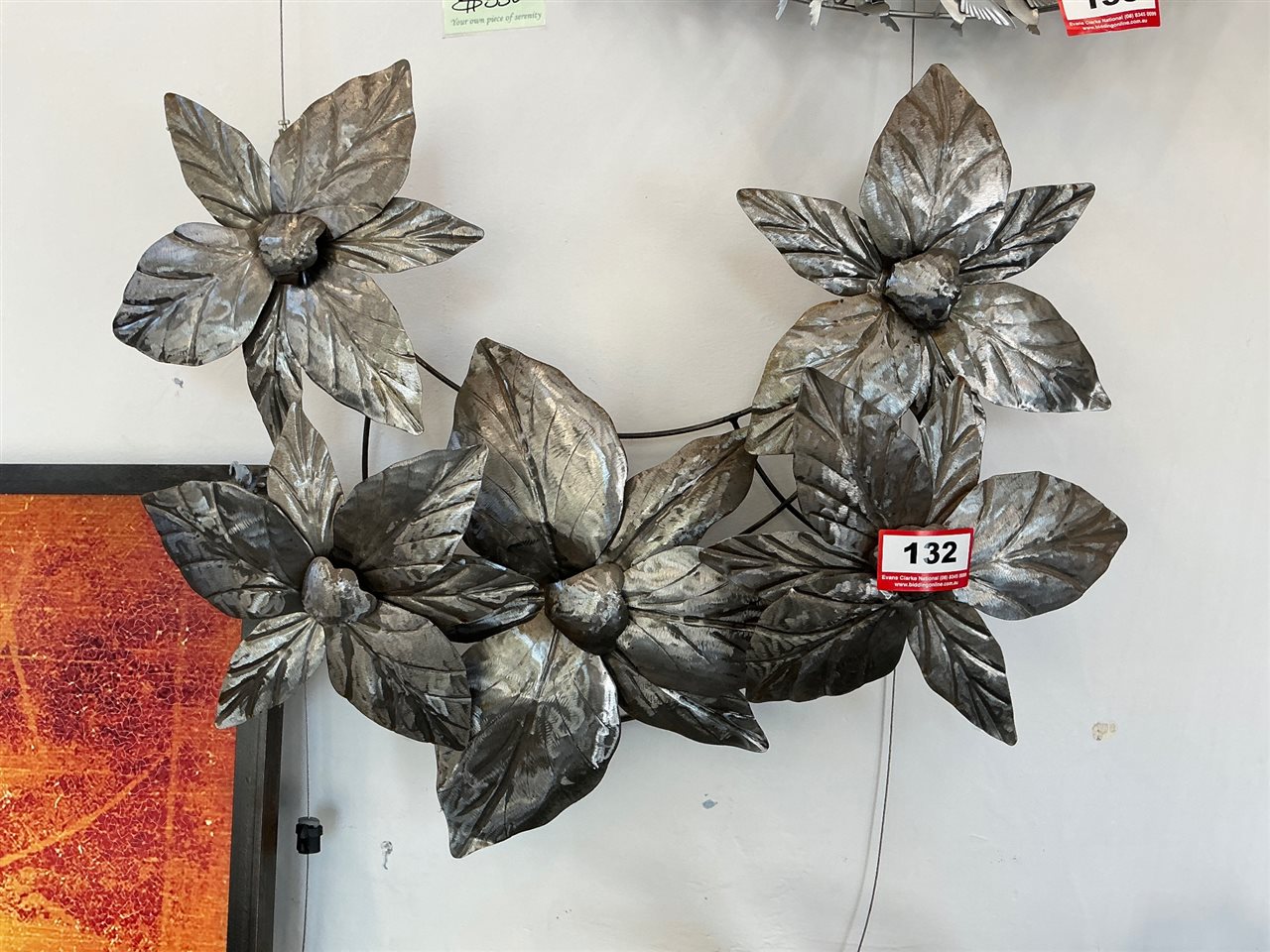 Metal Flower Wall Art, 5 Large Flowers, Silver Finish