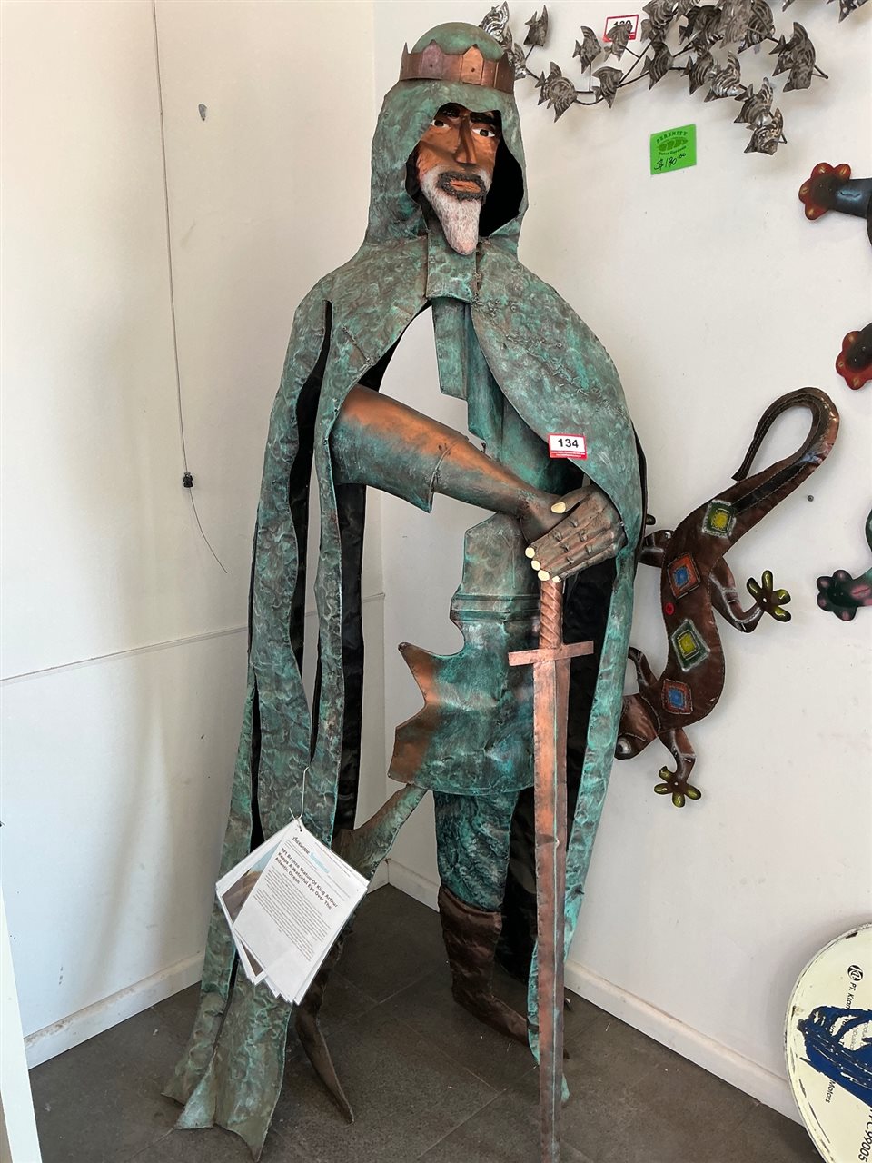 Large Metal King Arthur Sculpture with Sword, Verdigris Copper-Look Finish