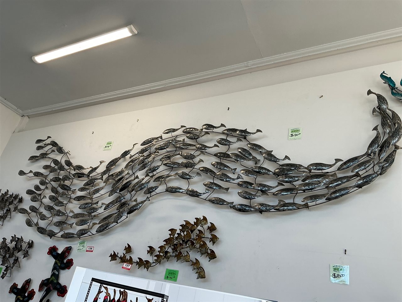 Large Metal School of Fish Wall Art, Wave Design, Silver Finish