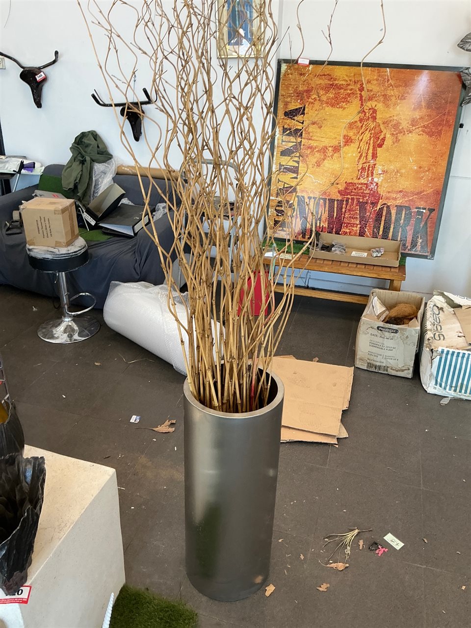 Tall Brushed Metal Cylinder Floor Vase with Decorative Branches