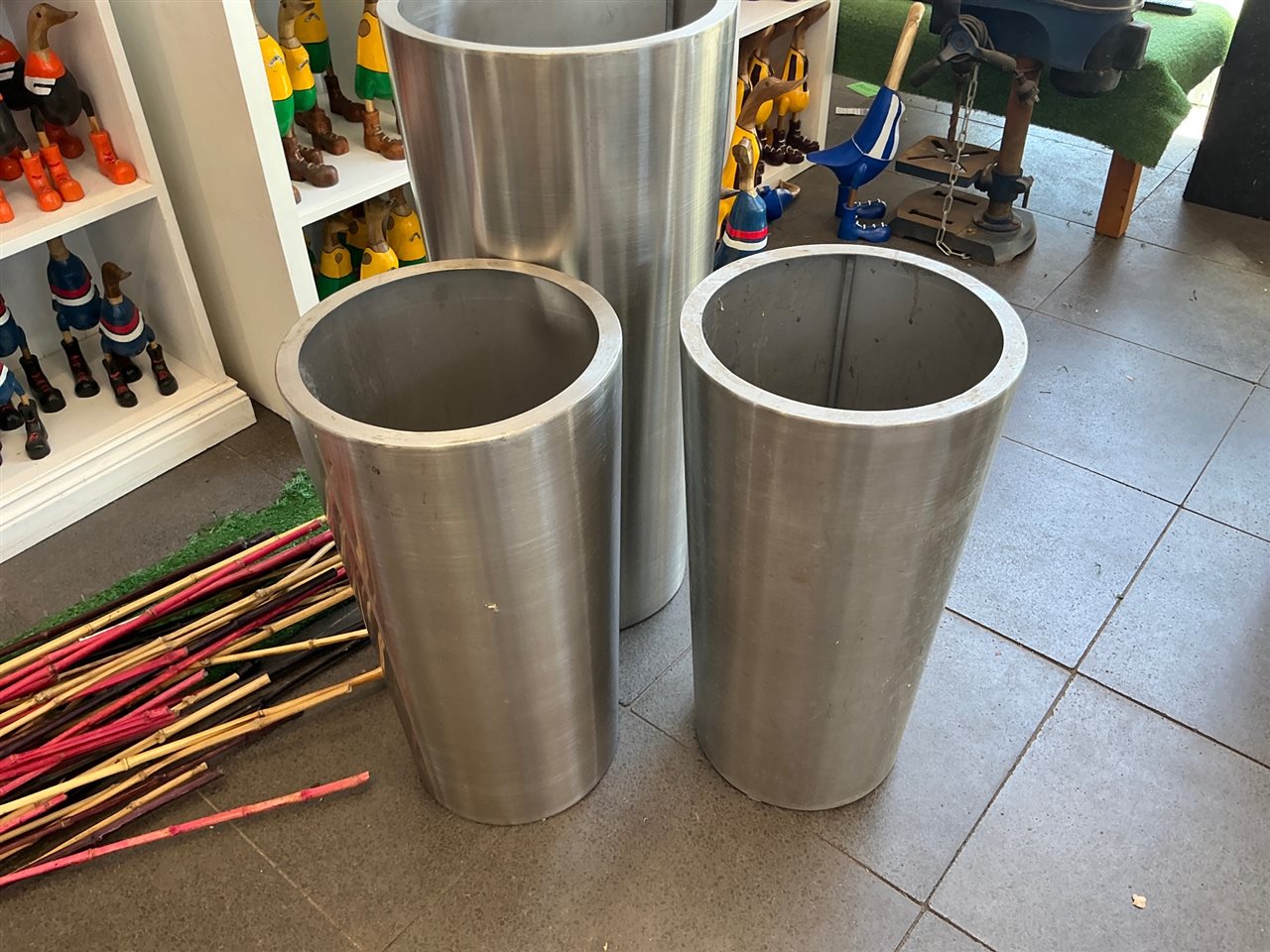 3 Tapered Brushed Metal Planters, 1 Tall and 2 Medium